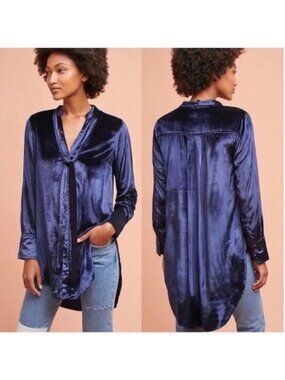 Anthropologie Maeve Blue Velvet V-neck Hi/Low Tunic Top 14